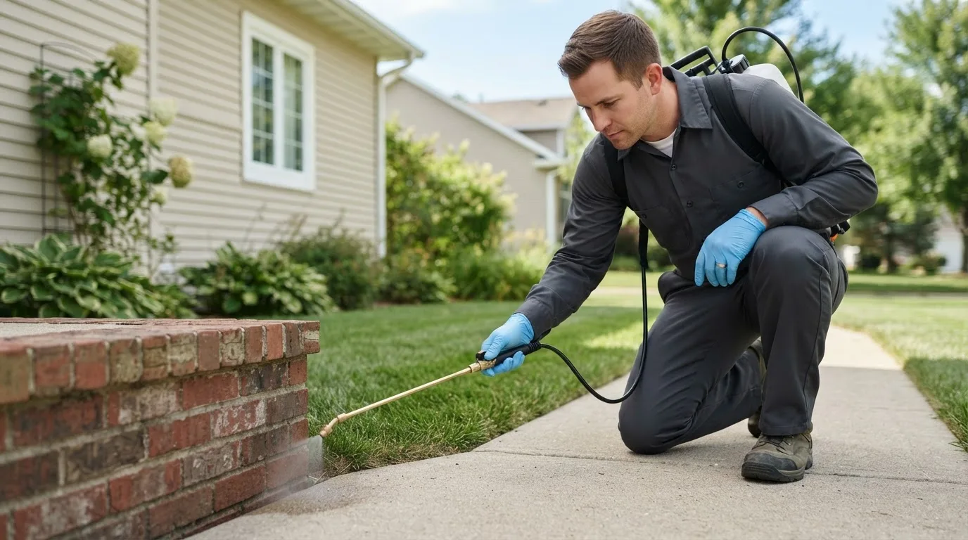 Pest control technician treating a home near Saltsburg, PA