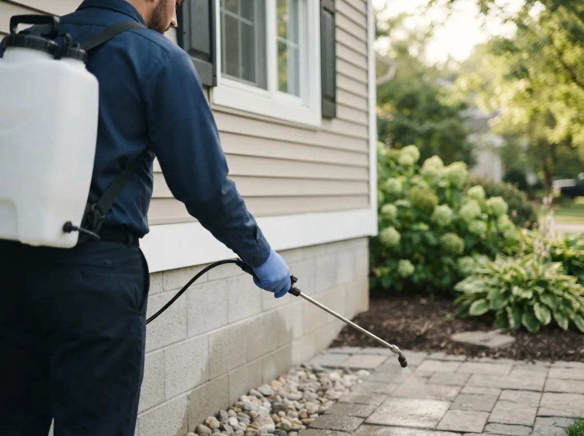 Pest control technician inspecting a home in Saltsburg, PA